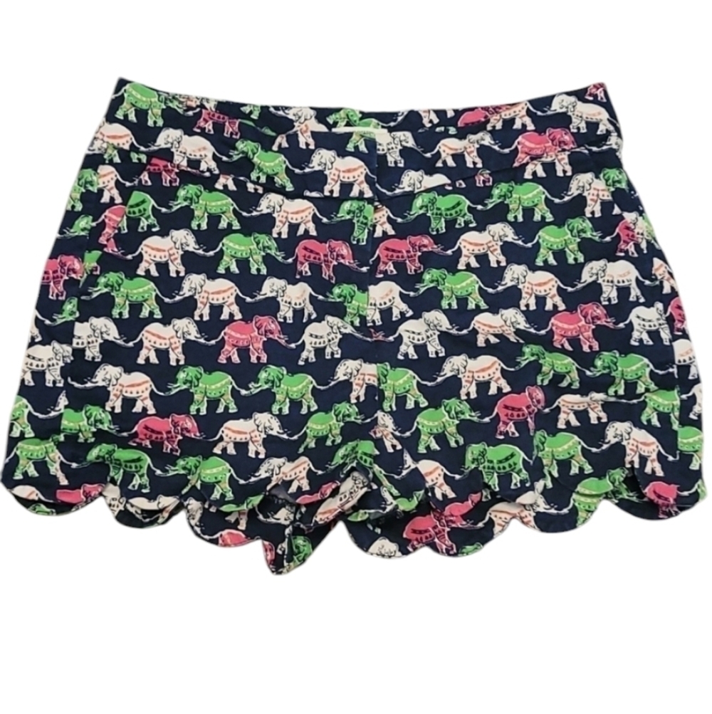 Crown & Ivy sz 2 elephant print shorts scallop hem green blue pink WS36